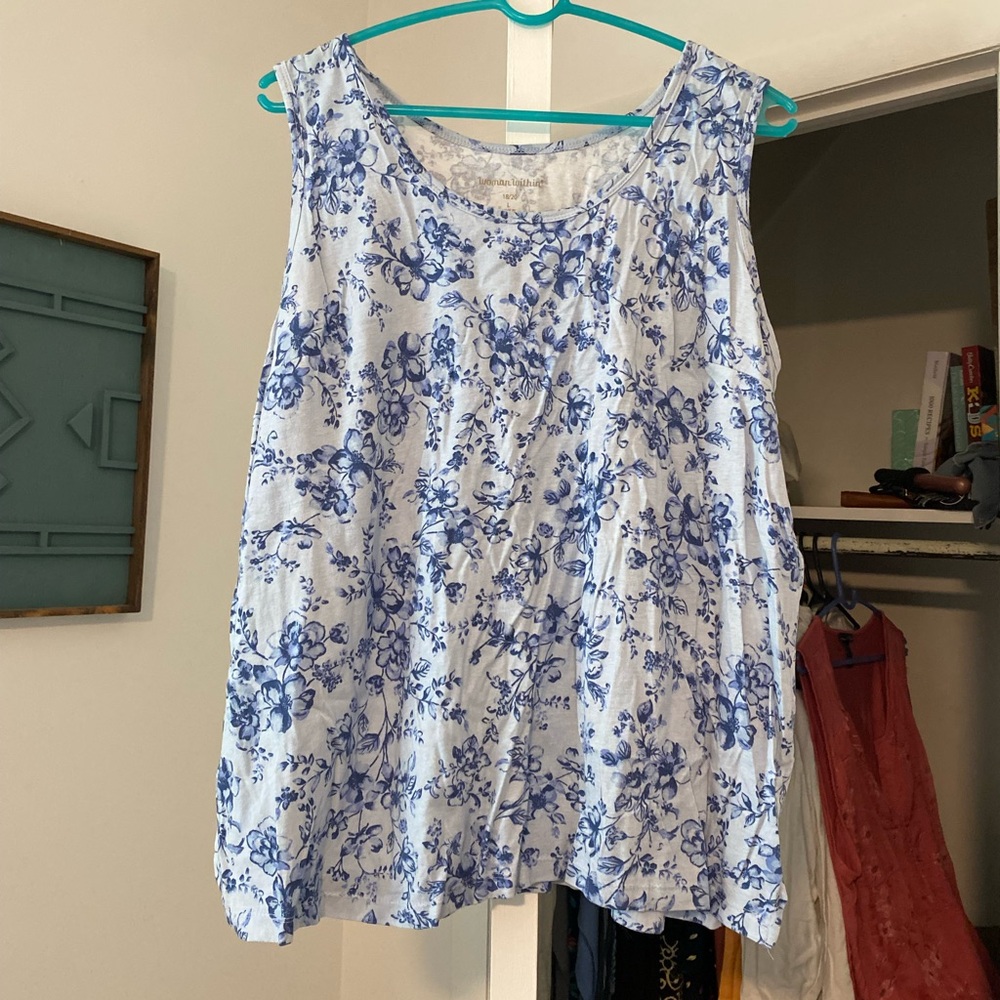 Woman Within Blue and White Floral Tank Top